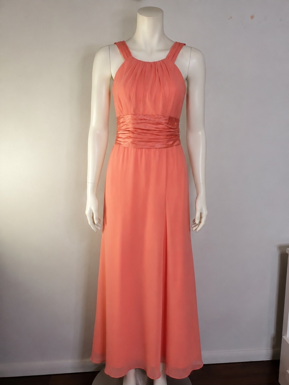 David's Bridal F12732 Bridesmaid Dress Size 2 Coral Peach Chiffon Formal Gown